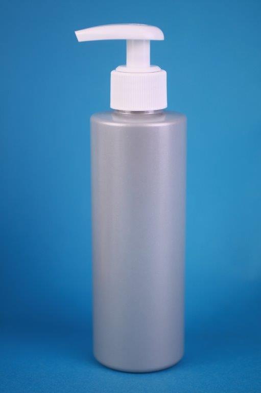 200ml PET CYLINDER SILVER 24mm 410 PCR & LOTION PUMP WHITE SATIN HEAD (2ml)