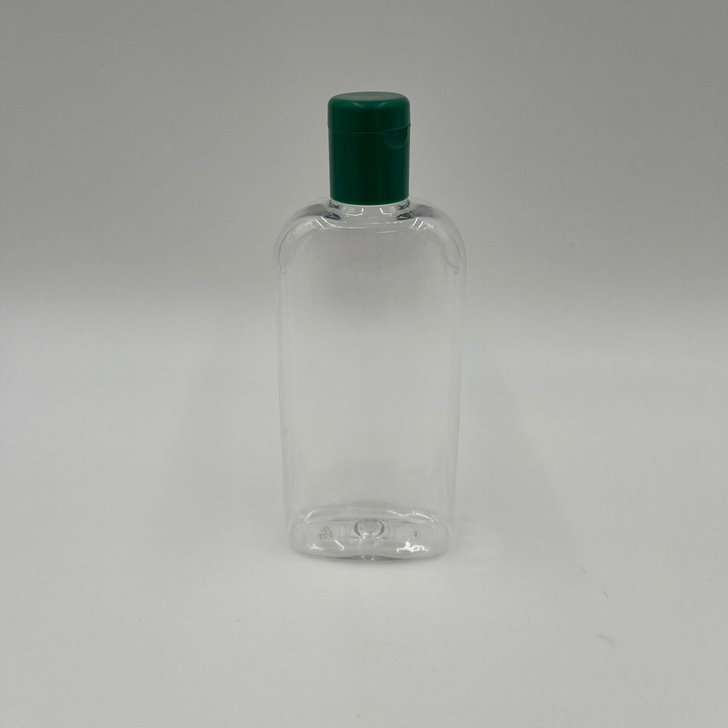 250ML CLEAR PET  EVERGREEN BOTTLE & 24mm 415 GREEN SMOOTH WALLED FLAT FLIP TOP