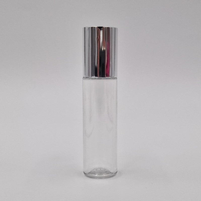 10ml ROLL ON BOTTLE CLEAR WITH SILVER OVERCAP, & ROLLER BALL