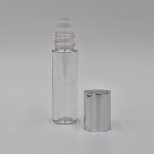 Load image into Gallery viewer, 10ml ROLL ON BOTTLE CLEAR WITH SILVER OVERCAP, &amp; ROLLER BALL
